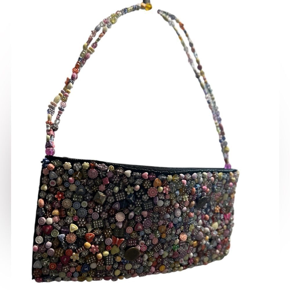 Hand Beaded Multicolor Evening ShoulderโBag Black Satin Base Beadwork Purse